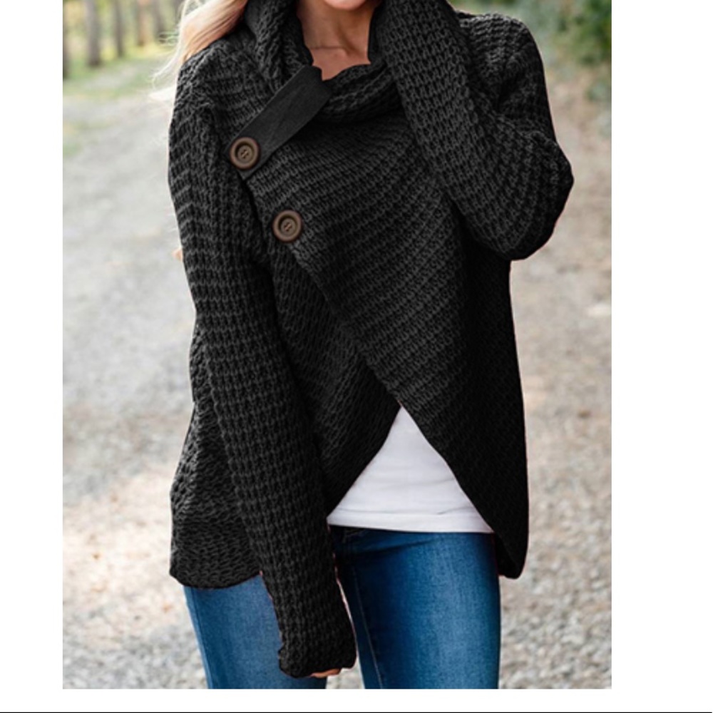 Wrap Style Black Asymmetrical Ribbed Knit Cowl Neck Sweater